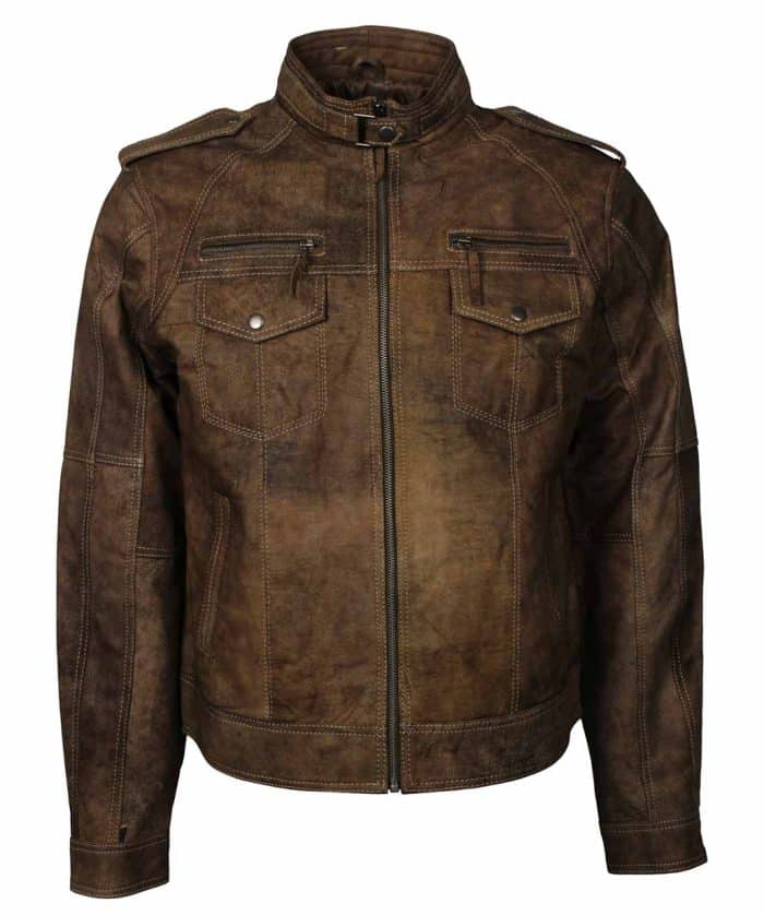 Men Brown Short Distressed Leather Jacket