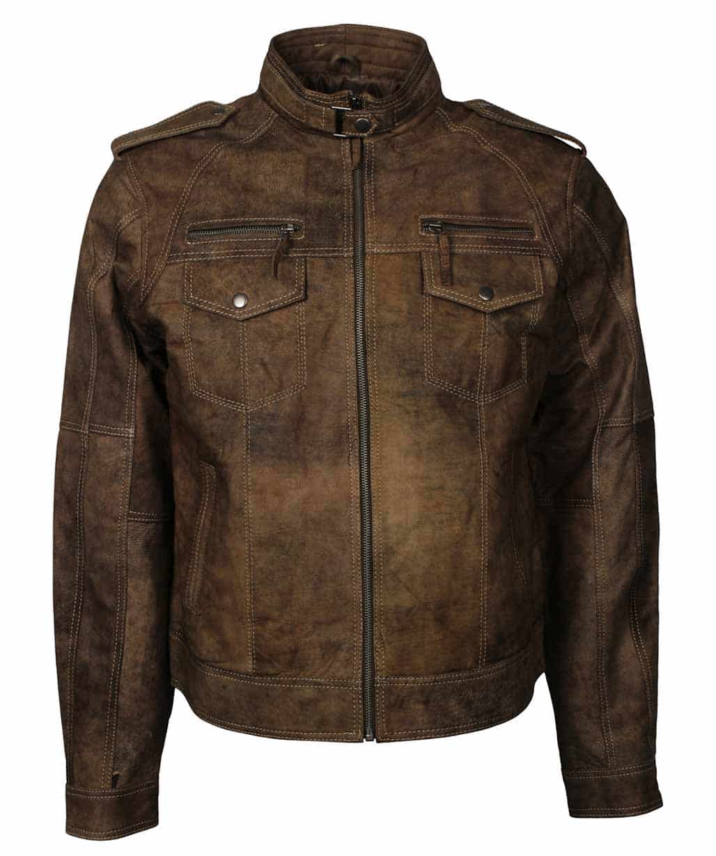 men-brown-short-distressed-leather-jacket-outfit