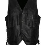 Men Western Cowboy Fringe Black Leather Vest