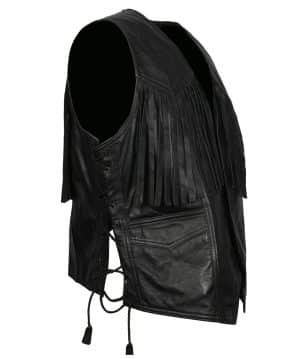 Men Western Cowboy Fringe Black Leather Vest Outfit