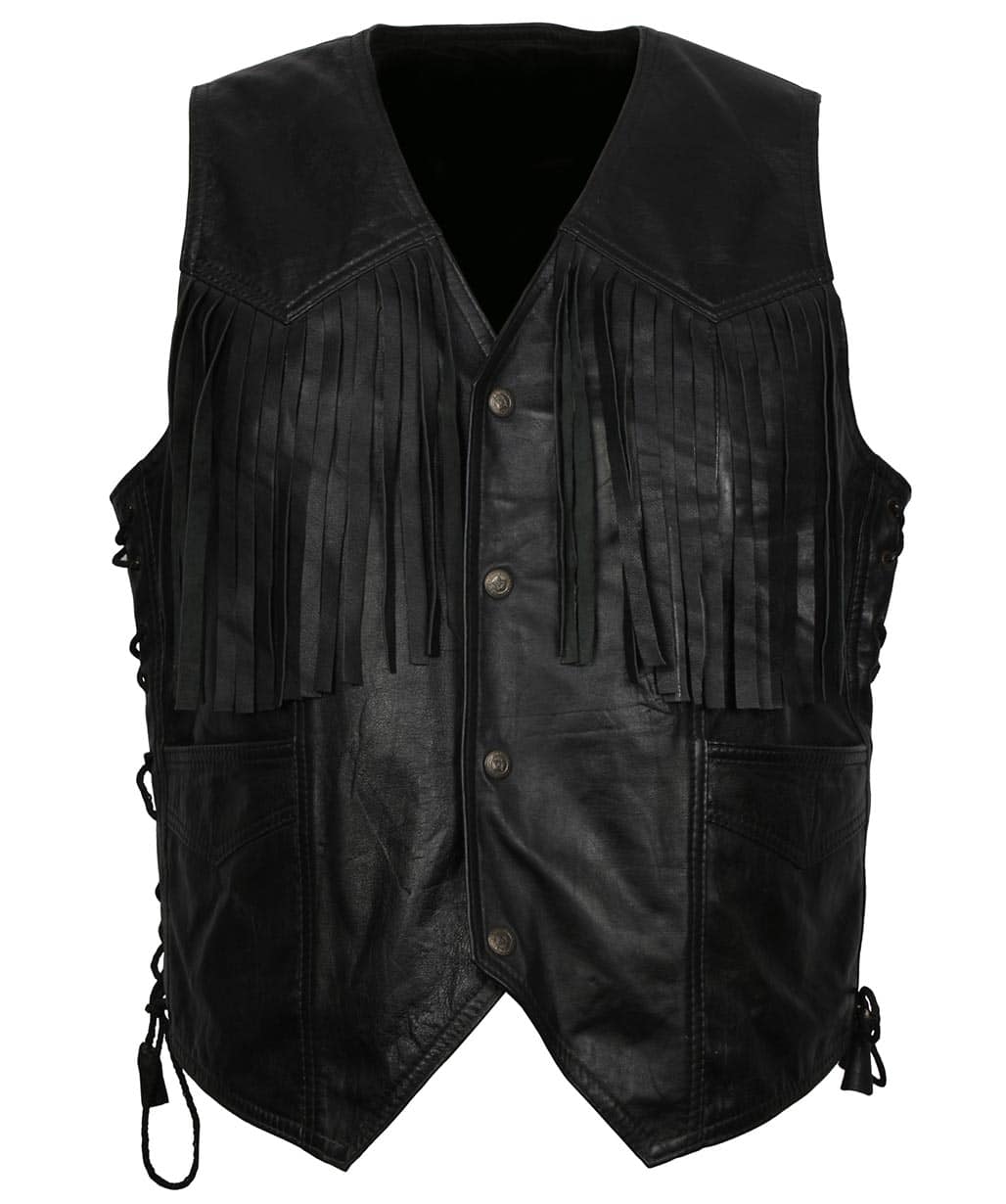 Men Western Cowboy Fringe Black Leather Vest