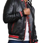 Men's Black and Red Bomber Leather Jacket -USA Leather Factory