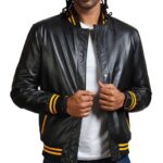 Men Black and Yellow Bomber Leather Jacket