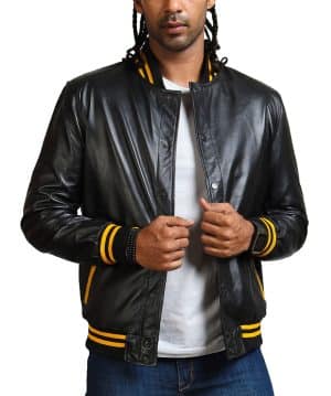 Men Black and Yellow Bomber Leather Jacket