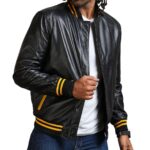 Get Mens Black and Yellow Bomber Leather Jacket