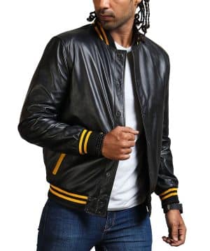 Get Mens Black and Yellow Bomber Leather Jacket