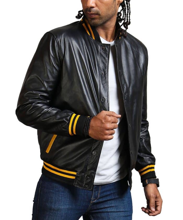 Get Mens Black and Yellow Bomber Leather Jacket
