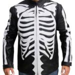 Skeleton Black Men Halloween Leather Jacket Costume 