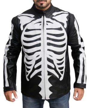 Skeleton Black Men Halloween Leather Jacket Costume 