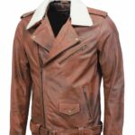 Men's Brown Fur Collar Leather Jacket USA