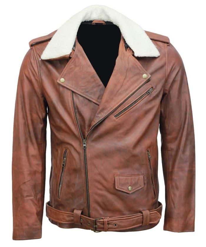 Men's Brown Fur Collar Leather Jacket