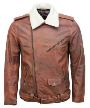 Men's Brown Fur Collar Leather Jacket for Sale