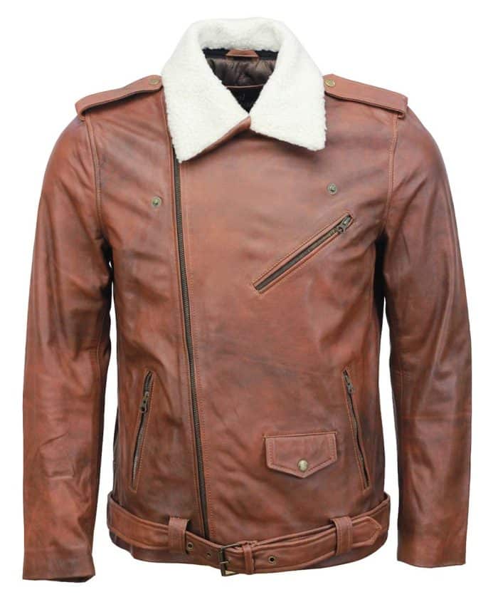 Men's Brown Fur Collar Leather Jacket for Sale