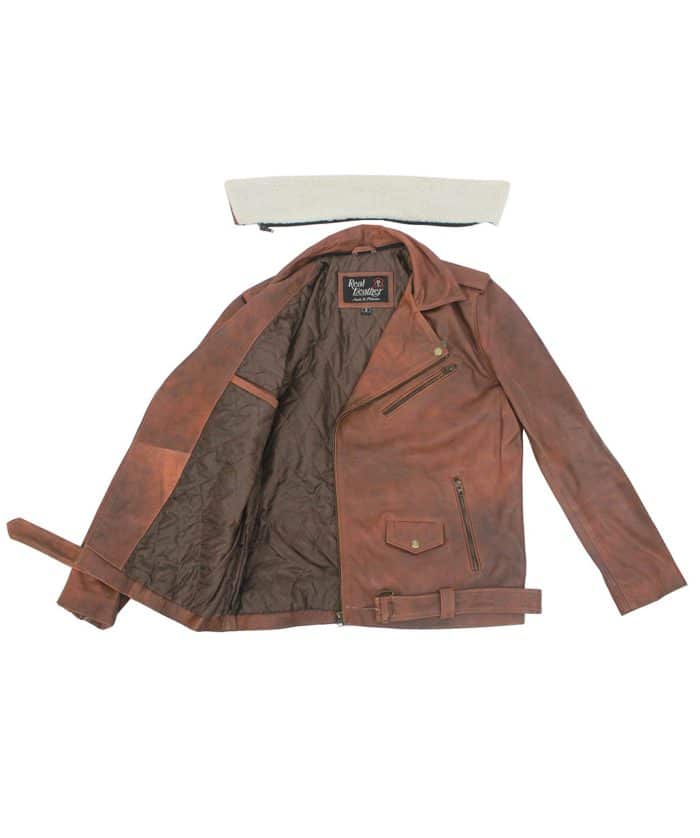 Men Brown Fur Collar Leather Jacket