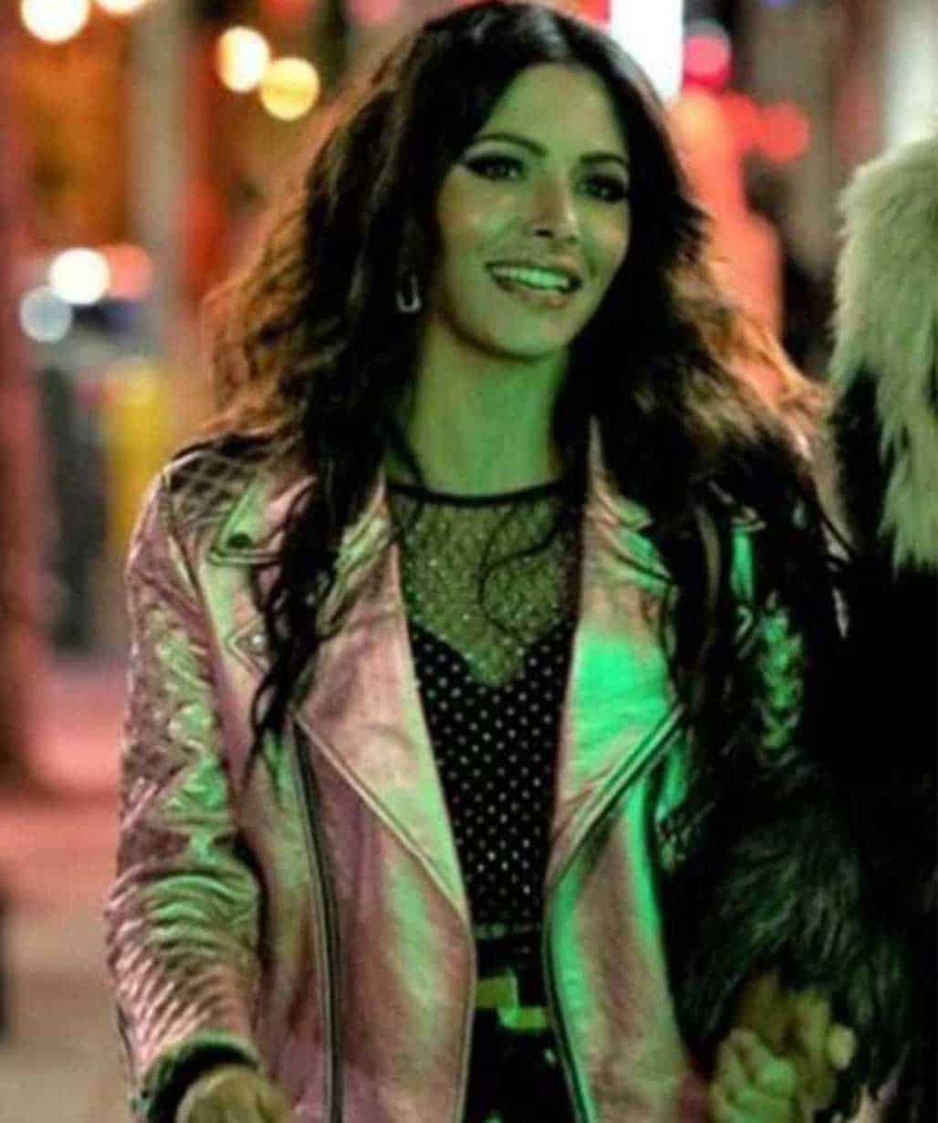 sarah-shahi-sex-life-pink-leather-jacket