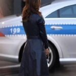 A TEAM JESSICA BIEL BLUE LEATHER COAT