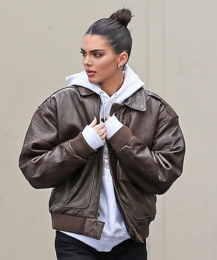 Kendall-Jenner-Brown-Bomber-Leather-Jacket