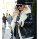 RITA ORA LEATHER FAUX SHEARLING BLACK JACKET