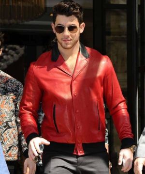 Nick Jonas Red Bomber Leather Jacket