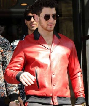Nick Jonas Red Bomber Red Leather Jacket