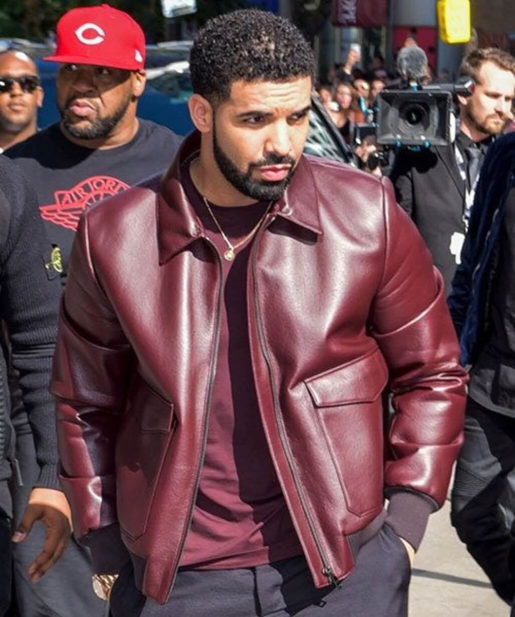 Drake Film Festival Maroon Bomber Leather Jacket - USA Leather Factory