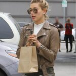 Hailey Bieber Brown Biker Leather Jacket