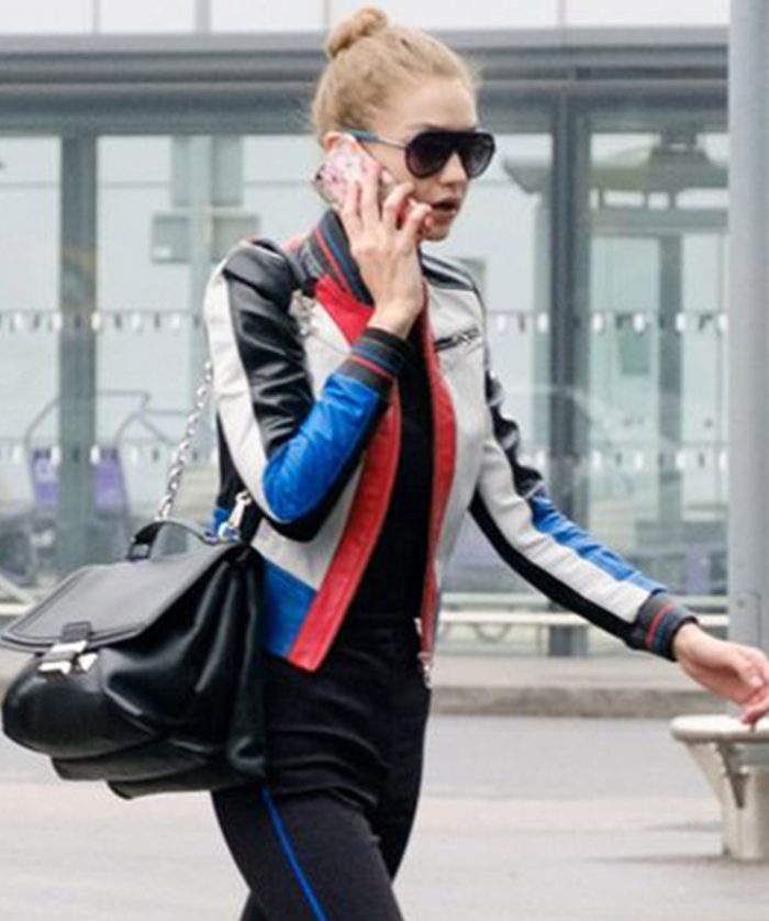 Gigi Hadid Multi Color Biker Leather Jacket Women