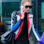 Gigi Hadid Multi Color Biker Leather Jacket Women Sale