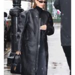 Hailey Bieber Black Trench Leather Coat