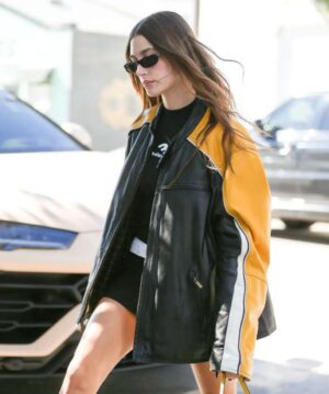 Hailey Bieber Black and Yellow Leather Jacket