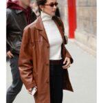 Bella Hadid Leather Brown Coat