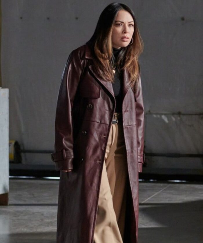 Family-History-Mysteries-Buried-Past Janel Parrish Maroon Leather Trench Coat