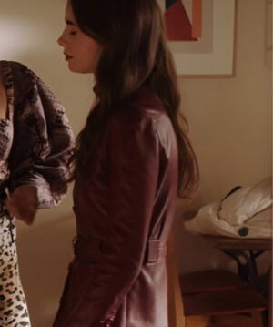 Emily in Paris Season 4 Lily Collins Red Leather Coat - Image 3